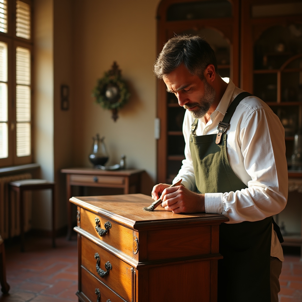 Artigiano che restaura un mobile antico a domicilio