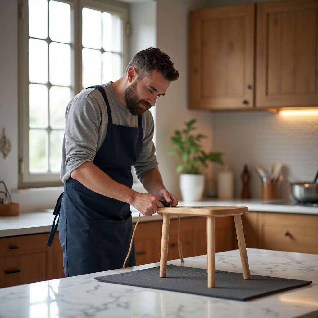 Artigiano che effettua una riparazione rapida su una sedia in legno