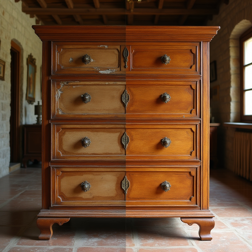 Restauro di un comò antico in noce con intarsi, prima e dopo l'intervento